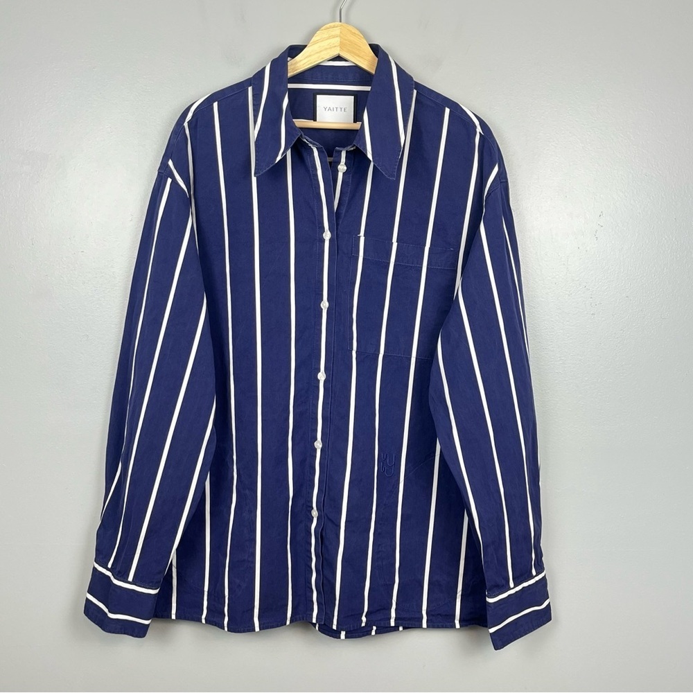 Yaitte blue and white striped button front oversized tunic length shirt, small.